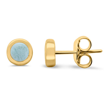 Solitaire Bezel Stud Earrings Round Yellow Tone, Natural Larimar 925 Sterling Silver(0.25mm)